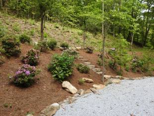 Landscaped hill and rock steps next to parking area